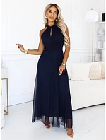 Elegantní maxi večerní šaty na ramínka s a zavazováním v pase tmavě modré model 22210933 - numoco basic