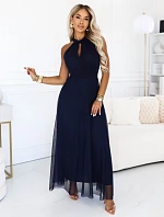 662-3 Elegantní maxi večerní šaty na ramínka s tylem a zavazováním v pase - tmavě modré