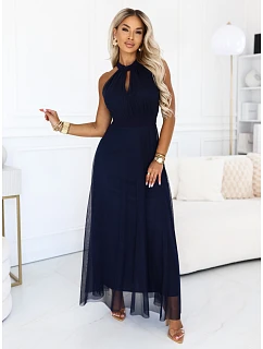 Elegantní maxi večerní šaty na ramínka s a zavazováním v pase tmavě modré model 22210933 - numoco basic