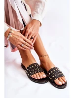 Dámské kožené pantofle s zdobením Černá model 21588465 - S.Barski