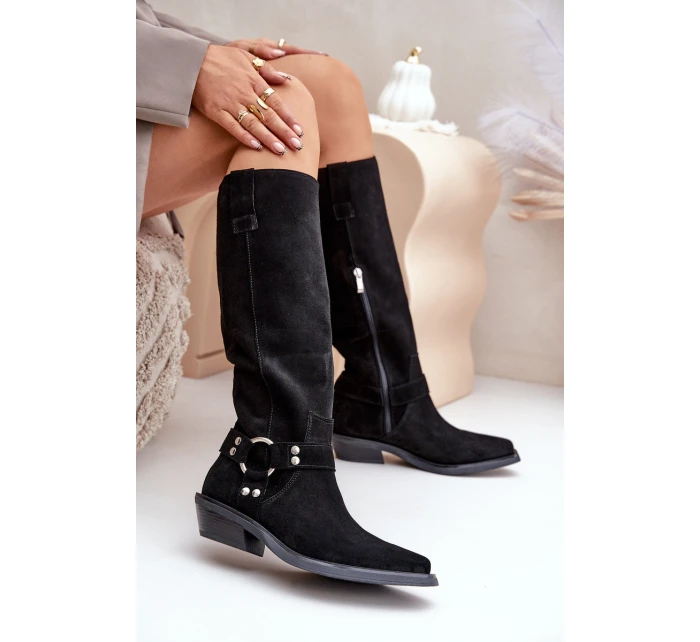 Semišové Kozačky Kovbojky Na Nízkém Podpatku S Dekorací model 21680168 Černé - Zazoo