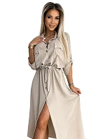 Midi šaty se zlatými knoflíky model 22260589 béžové - numoco