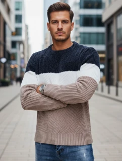 Pánský svetr s kulatým výstřihem tmavě modrý a béžový Dstreet model 21994017 - FashionStreet