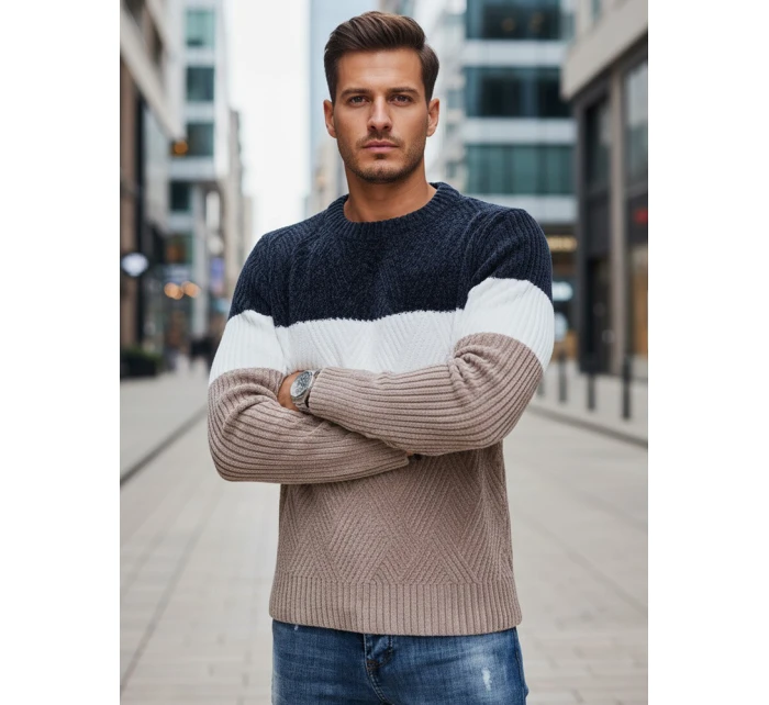 Pánský svetr s kulatým výstřihem tmavě modrý a béžový Dstreet model 21994017 - FashionStreet