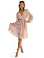 MILA - Béžové dámské šifonové midi šaty s dlouhými rukávy a výstřihem 538-1