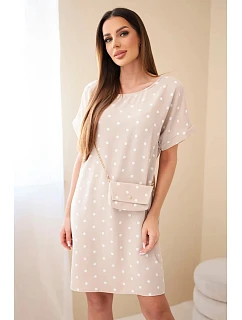 Dámské šaty s puntíky s krátkým rukávem a kabelkou béžové