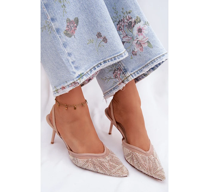 Ozdobené sandály s síťkou na jehle Béžové Bedira