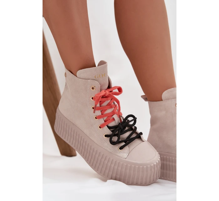 Dámské zateplené semišové trampky na masivní platformě GOE – béžové