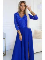 309-12 AMBER elegantní dlouhé krajkové šaty s výstřihem - barva CHABRIEL