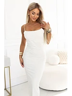 673-1 Midi šaty s tenkými ramínky a jemným leskem - ecru barva 673-1 Midi šaty s tenkými ramínky a jemným leskem - ecru barva