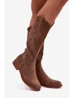 Dámské Kozačky S Vzorem Na Ploché Podpatku S  Hnědé model 21713460 - S.Barski