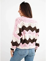 Dámský svetr s proužky zapínaný na knoflíky růžový model 22353137 - K-Fashion Dámský svetr s proužky zapínaný na knoflíky růžový model 22353137 - K-Fashion