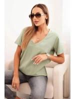Dámská bavlněná blůza s výstřihem do V a krátkým rukávem tmavě mátová Dámská bavlněná blůza s výstřihem do V a krátkým rukávem tmavě mátová