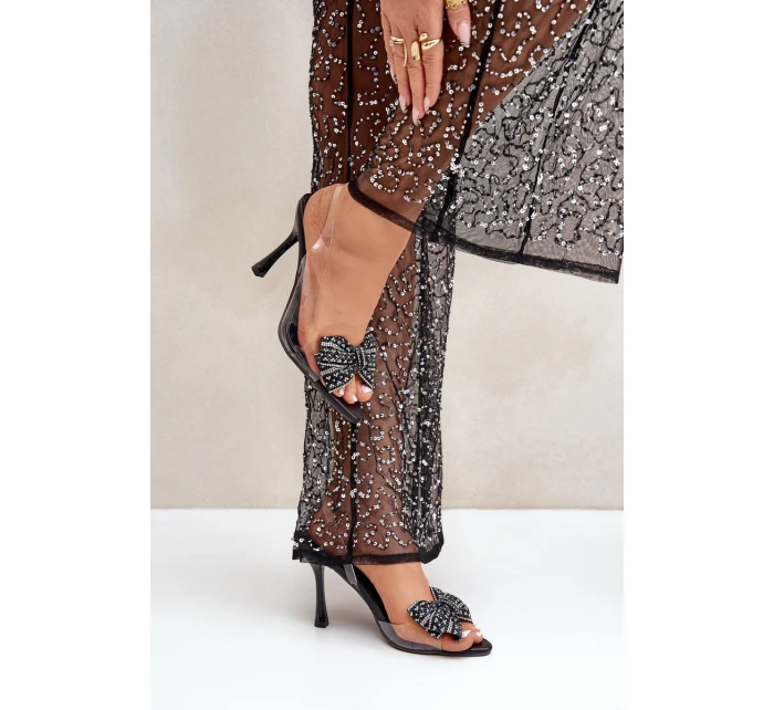 Průhledné Sandály Na Jehlovém Podpatku S Lesklou Mašlí Černé Viosta Průhledné Sandály Na Jehlovém Podpatku S Lesklou Mašlí Černé Viosta