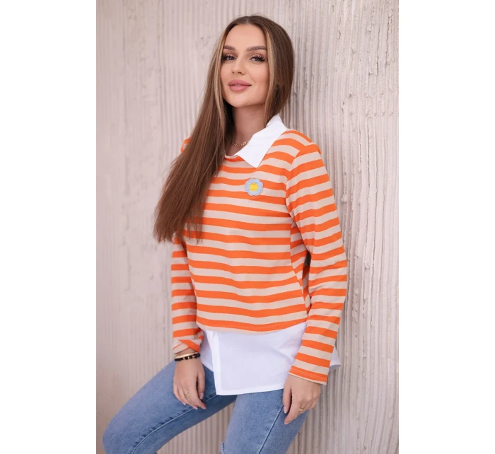 Pruhovaná bavlněná halenka s límečkem oranžová+béžová