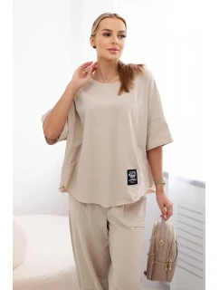 Bavlněný komplet halenka + kalhoty béžový