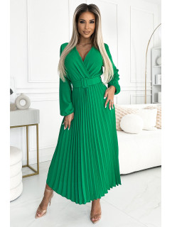 Světle zelené dámské plisované midi šaty s výstřihem, dlouhými rukávy a se širokým opaskem model 19642367 - numoco basic