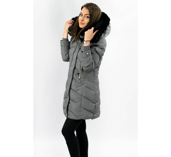 Šedá dámská prošívaná zimní bunda s kapucí (W732)