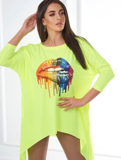 Oversize halenka s model 21753002 potiskem rtů žlutá neonová - K-Fashion