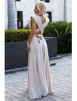 Elegantní béžové dlouhé dámské šaty s brokátem a s model 20110813 - numoco