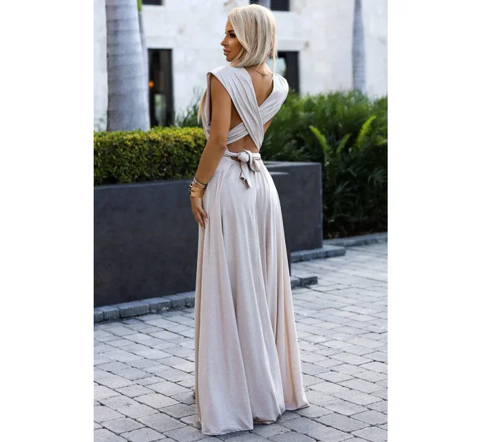 Elegantní béžové dlouhé dámské šaty s brokátem a s model 20110813 - numoco