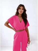 Dámská souprava ve fuchsijové barvě - přeložený obálkový top a široké kalhoty (8178)