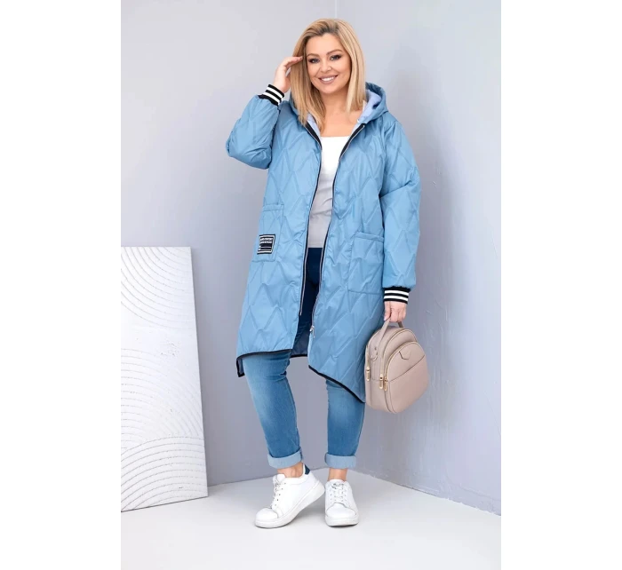 Dámská bunda Plus Size prošívaná s kapucí a sportovními manžetami jeansová