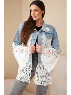 Dámská džínová bunda z bavlny a květinovou krajkou světle džínová
