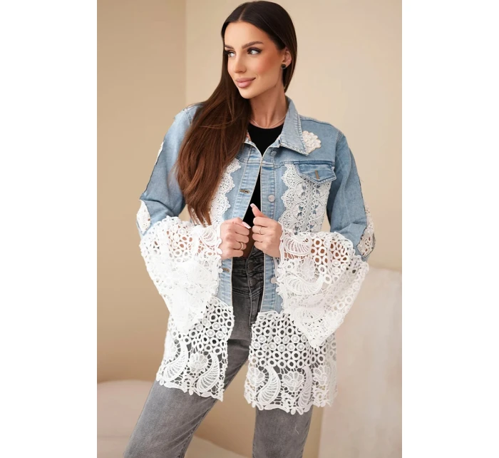 Dámská džínová bunda z bavlny a květinovou krajkou světle džínová