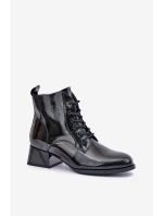 Kožené Lakované Botky Na Bloku Zateplené D&A JC42-53 Černé