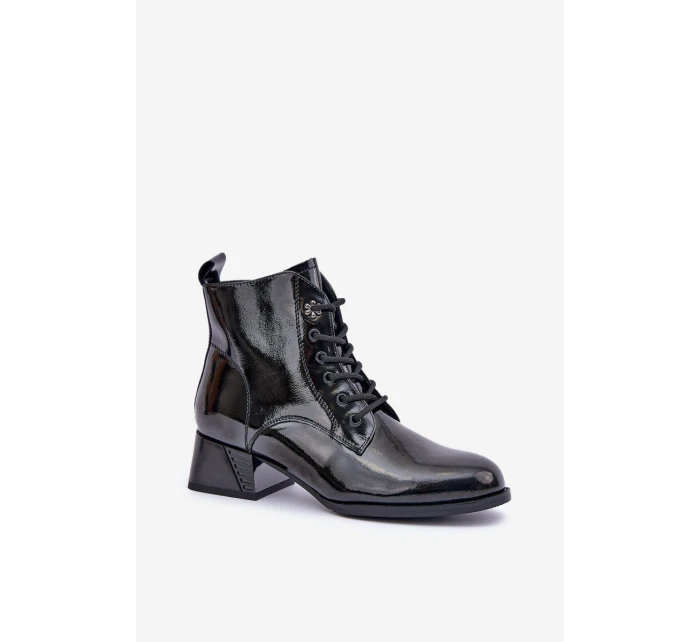 Kožené Lakované Botky Na Bloku Zateplené D&A JC42-53 Černé