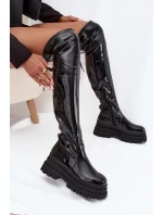 Lakované Kozačky Nad Kolena Na Masivní Platformě Černé Ravela Lakované Kozačky Nad Kolena Na Masivní Platformě Černé Ravela