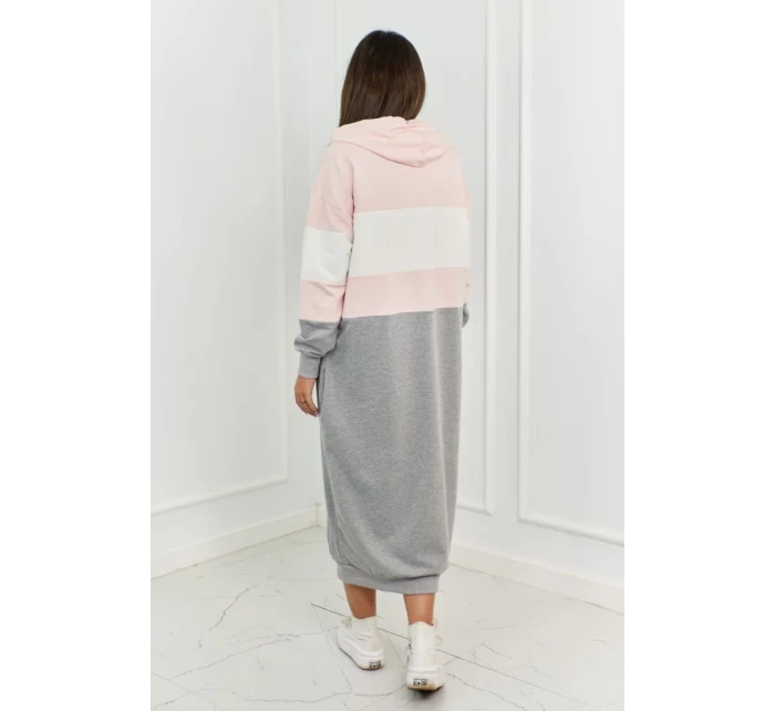 Trikolorní šaty s kapucí pudrově růžová + ecru + šedá Trikolorní šaty s kapucí pudrově růžová + ecru + šedá