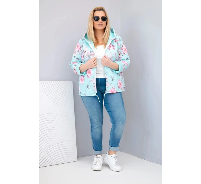 Dámská jarní prošívaná bunda Plus Size s kapucí a květinovým vzorem mátová