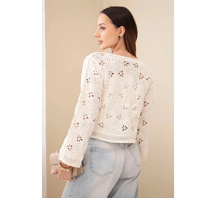 Dámský ažurový svetr s květinovým vzorem béžový