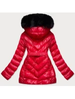 Červená lesklá zimní bunda s mechovitou kožešinovou podšívkou (w673)
