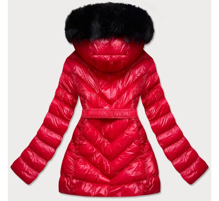 Červená lesklá zimní bunda s mechovitou kožešinovou podšívkou (w673)