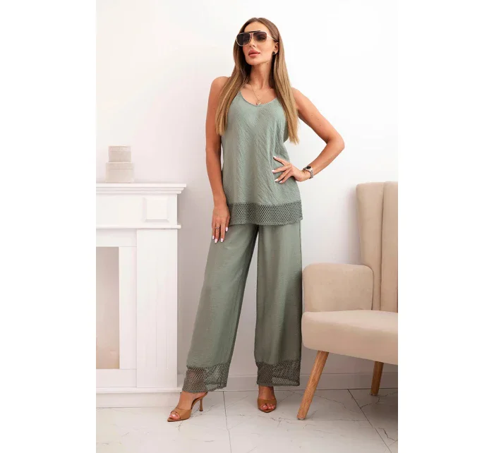Dámská souprava z top na ramínkách a kalhoty s širokými nohavicemi khaki model 21193178 - K-Fashion