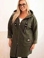 Dámský plášť Plus Size z umělé beránkové látky s kapucí a kapsami khaki