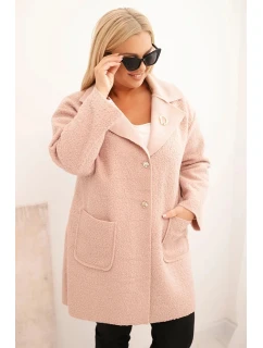 Dámský kabát Plus Size beránek s vlnou a kapsami pudrově růžový