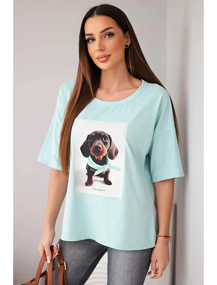 Dámská bavlněná oversize halenka s potiskem  tmavě mátová model 22040100 - K-Fashion