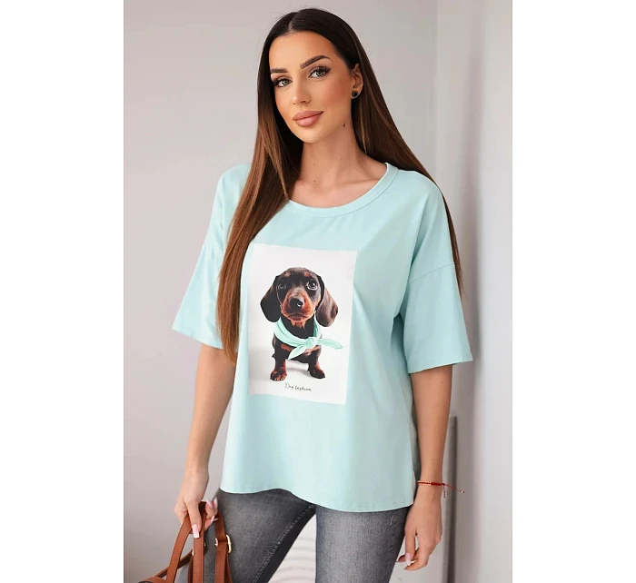 Dámská bavlněná oversize halenka s potiskem "Dog Fashion" tmavě mátová