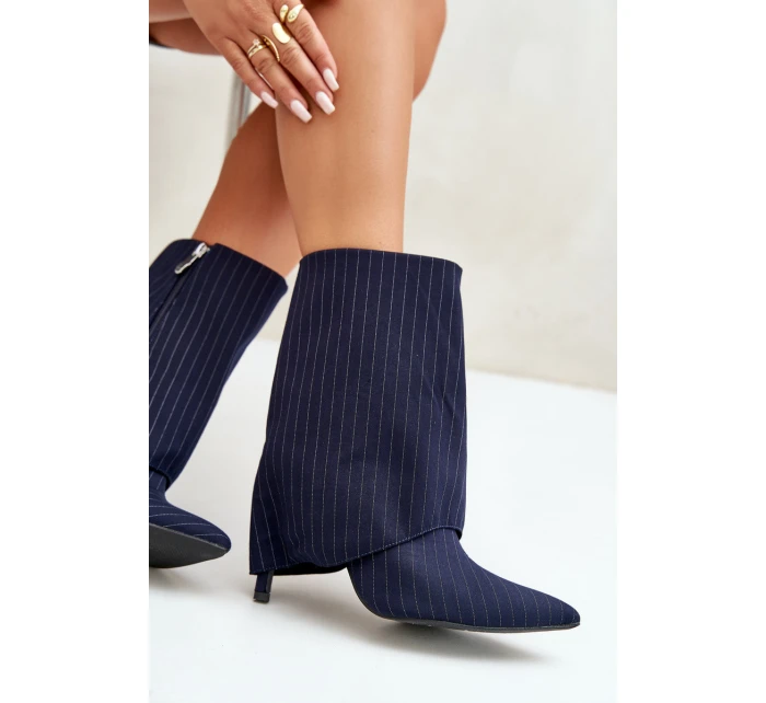 Dámské boty s pruhy na jehlách s ohrnutým svrškem a  tmavě modré model 21670406 - Boto