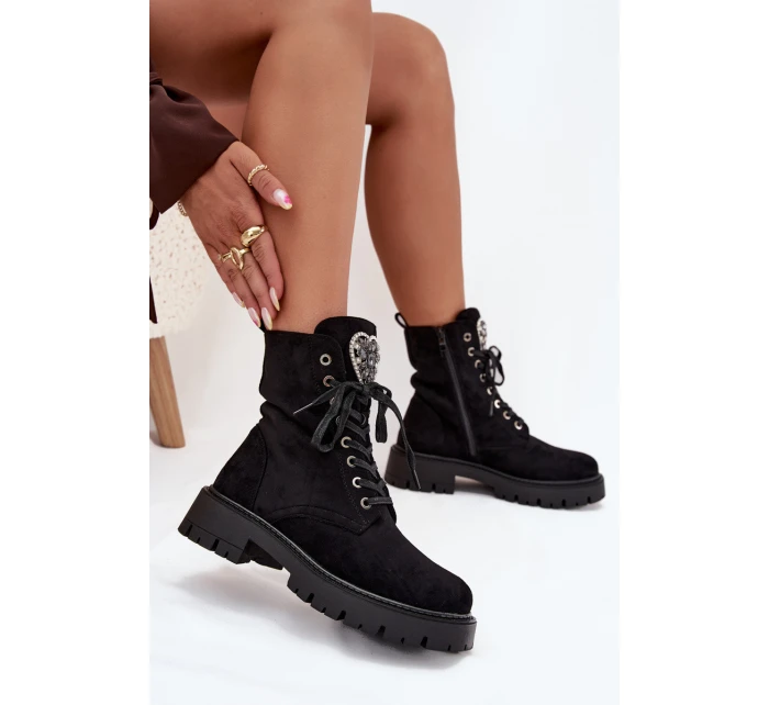 Boty Pracovní S Bižuterními Doplňky Zateplené Eko Semišové Černé Miryssa