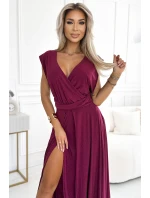 Elegantní dlouhé dámské šaty ve vínové bordó barvě s brokátem a se zavazováním model 20173914 - numoco
