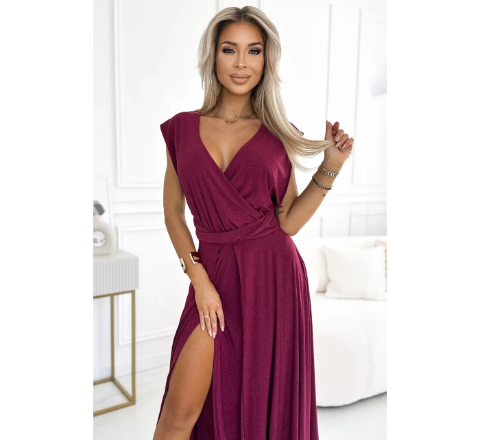 Elegantní dlouhé dámské šaty ve vínové bordó barvě s brokátem a se zavazováním model 20173914 - numoco