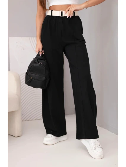Dámské bavlněné kalhoty se širokými nohavicemi a páskem černé
