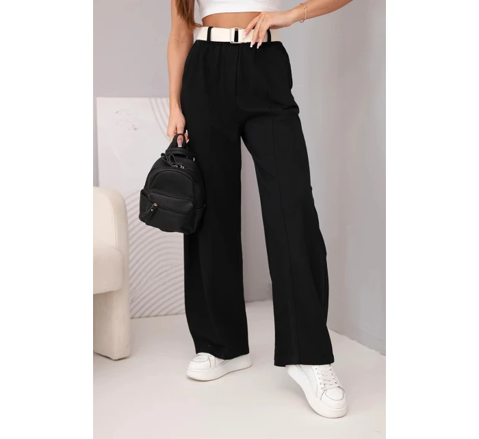 Dámské bavlněné kalhoty se širokými nohavicemi a páskem černé Dámské bavlněné kalhoty se širokými nohavicemi a páskem černé