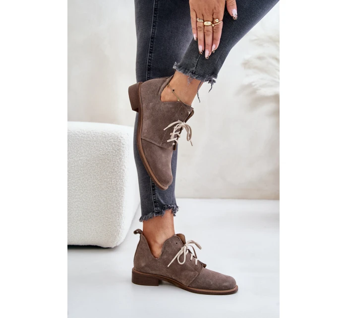 Semišové Polobotky Šněrovací Na Plochém Podpatku Tmavě Béžové model 21670931 - Zazoo