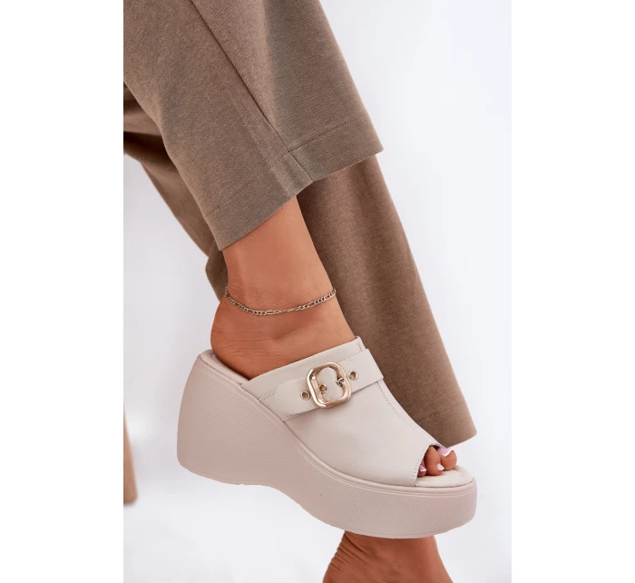 Kožené Dámské Sandály Na Platformě A Klínu S Přezkou Béžové S.Barski LR51-542